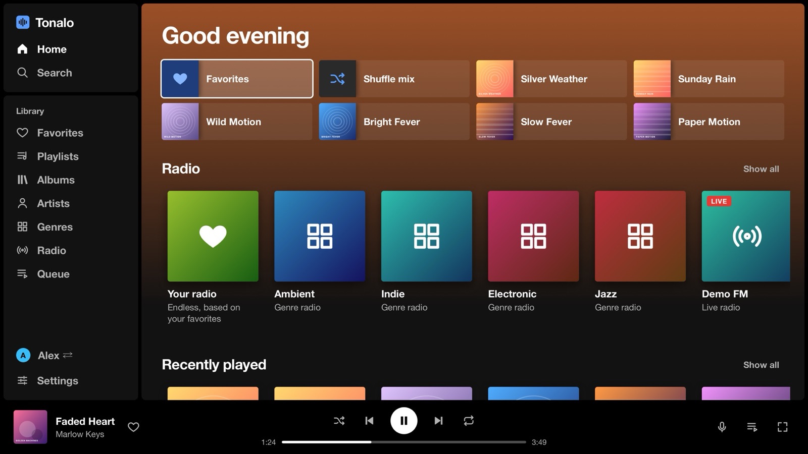 Tonalo on an LG TV: home screen with favorites, playlists and radio