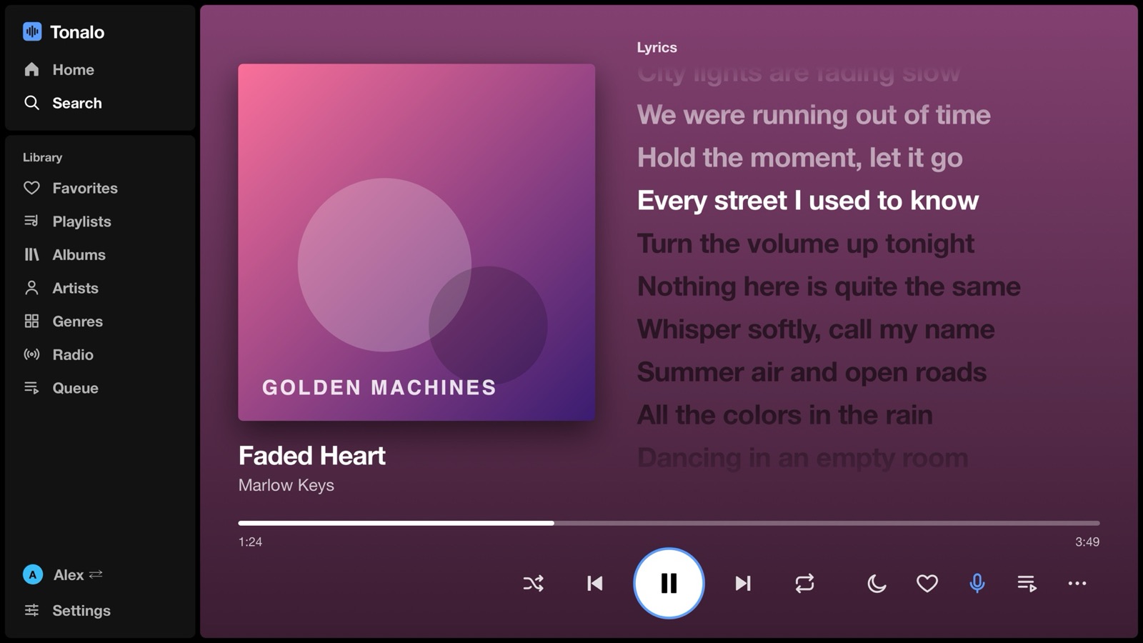Full-screen player with synced lyrics